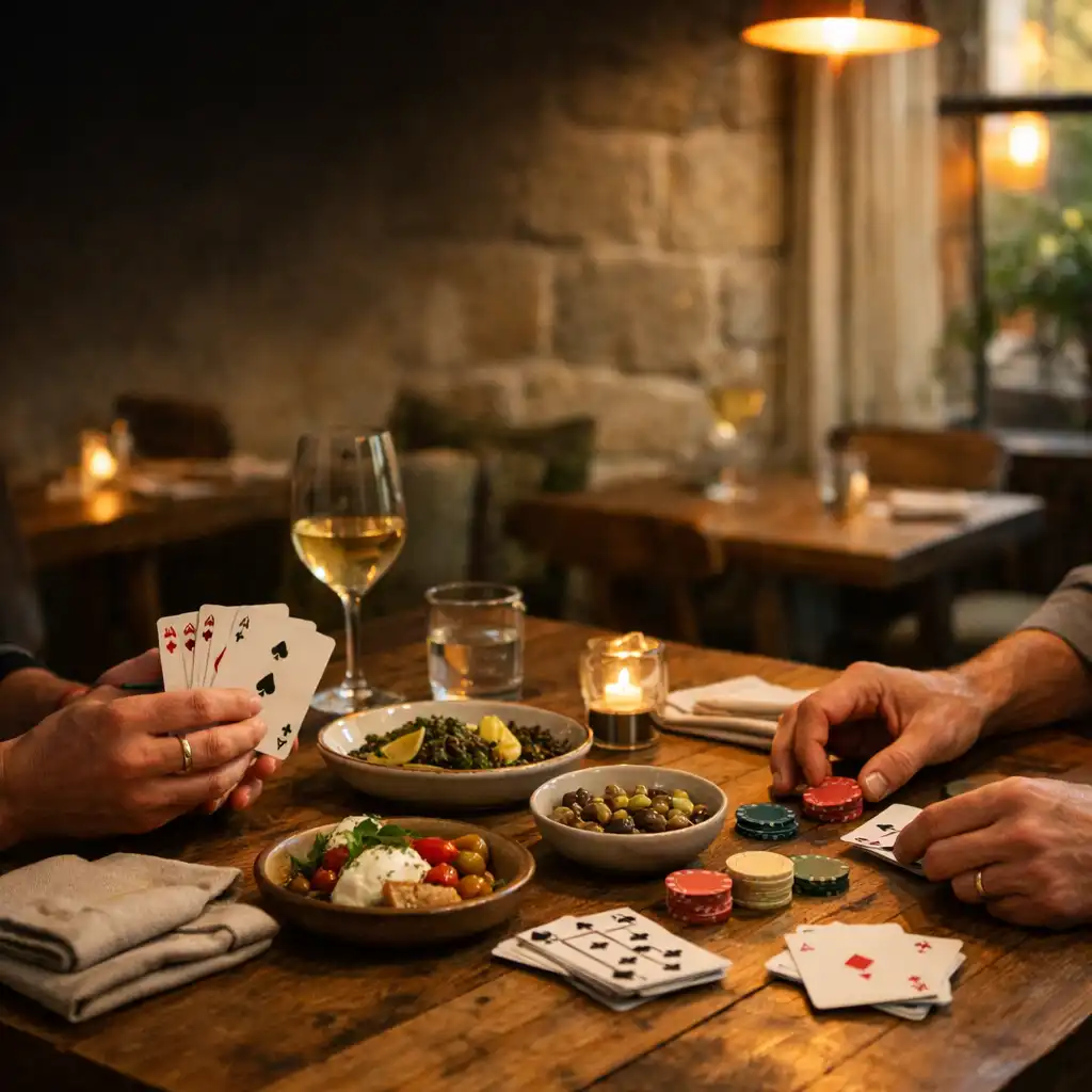 Adult hands arranging cards beside shared plates on a warmly lit restaurant table