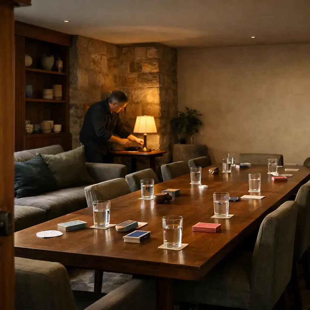 Warm restaurant card room with lounge seating, a long dining table and cards beside water glasses