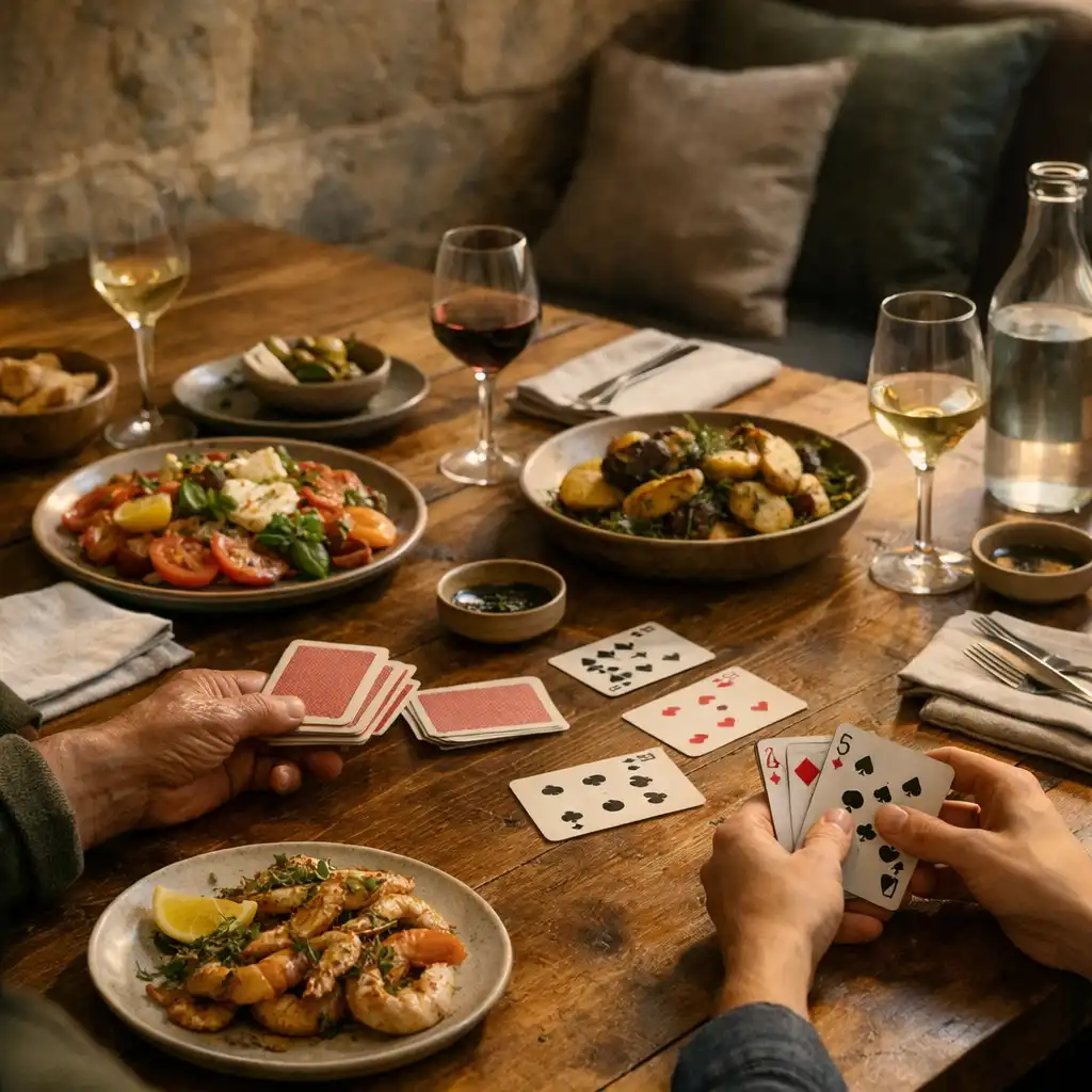 Shared seasonal plates and hands arranging cards at a timber restaurant table.