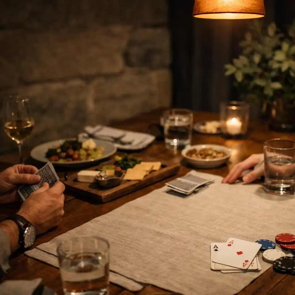 A shared restaurant table with plates, glasses, hands and playing cards in warm evening light.