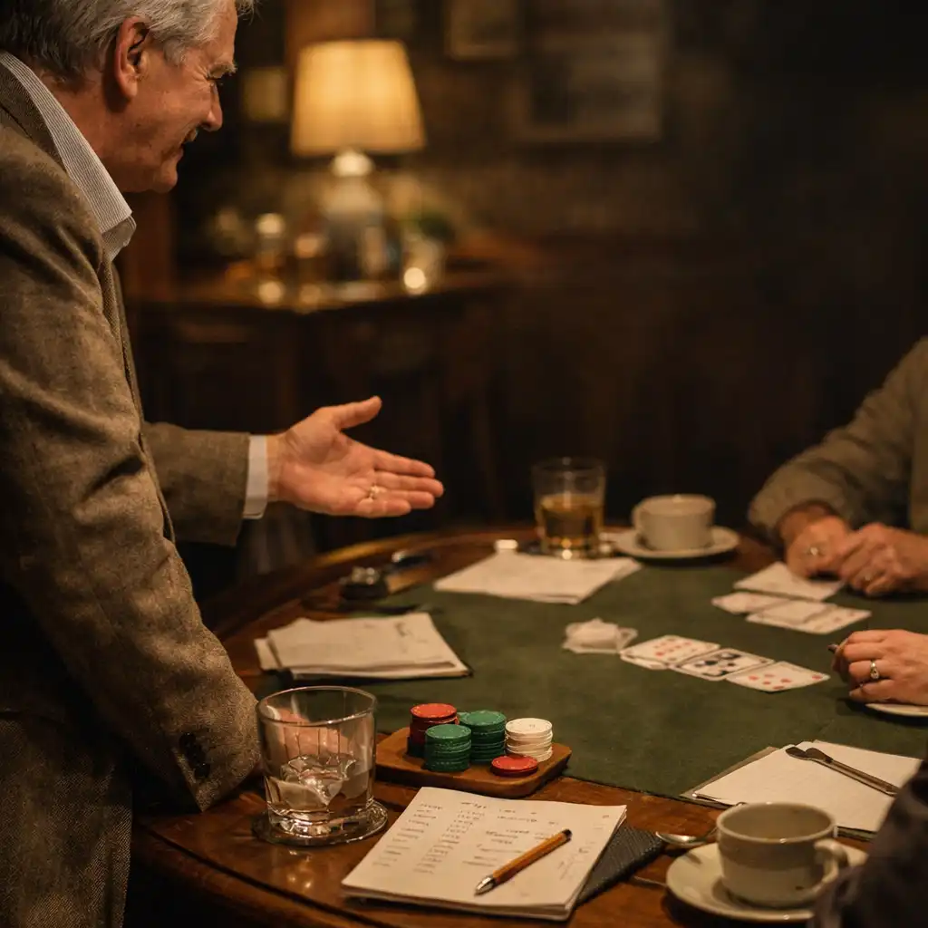 Host welcoming guests around a timber card table after dinner.