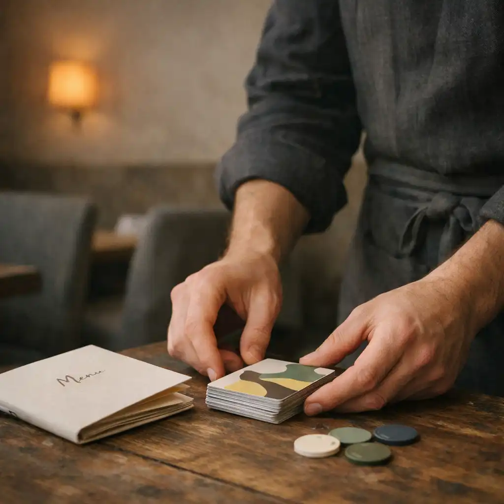 A restaurant host's hands setting abstract cards, a folded menu and small non-financial table pieces on a timber table.