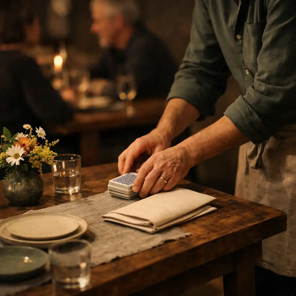 Hands arranging cards beside a folded menu, flowers and ceramic plates on a candlelit table.