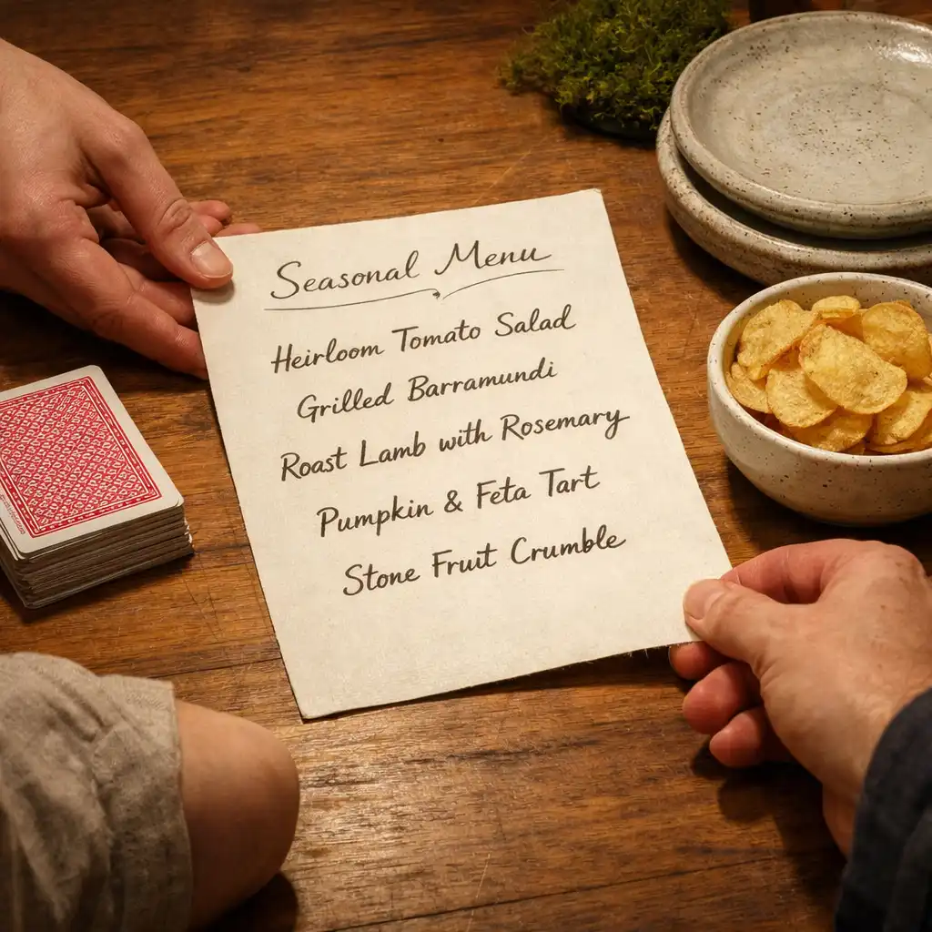 Host placing a seasonal menu beside cards and shared plates on a timber restaurant table