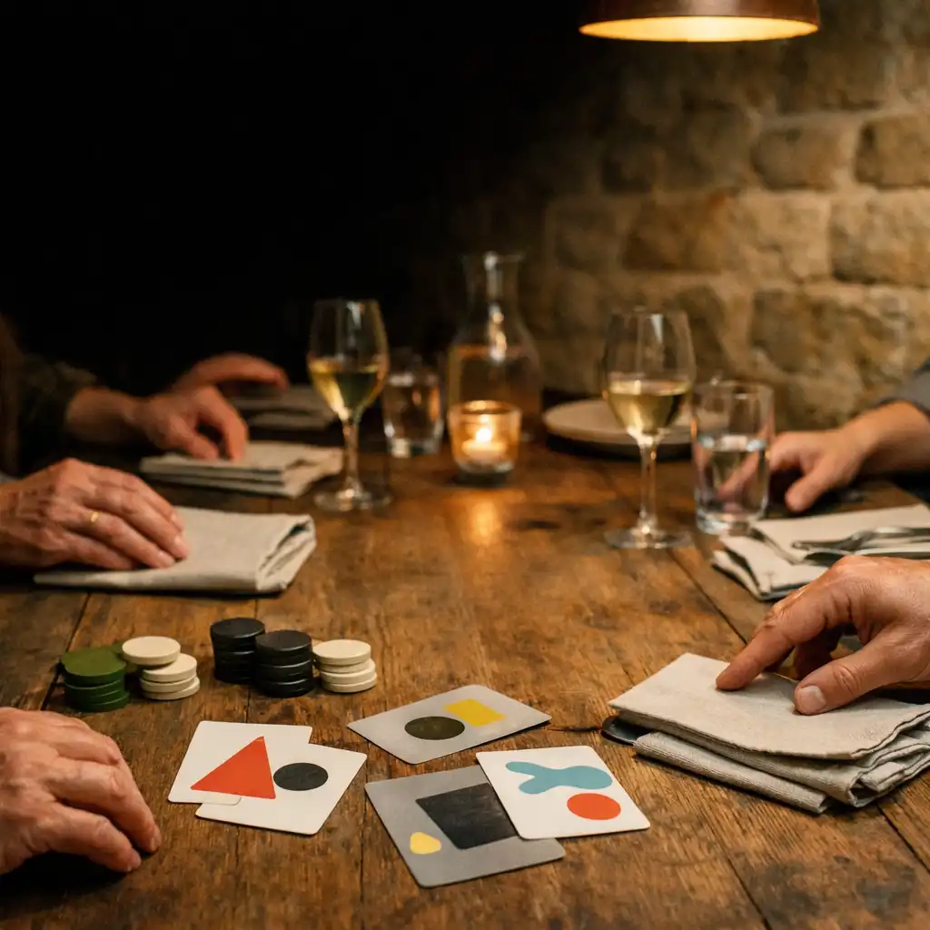 A timber restaurant table prepared with linen napkins, cards and shared dining settings under warm pendant light.
