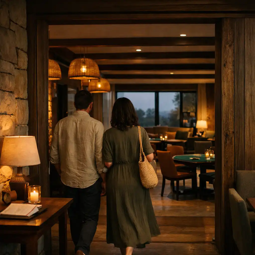 Guests entering a warmly lit timber and stone restaurant with dining tables beyond