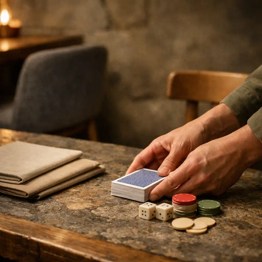 A host's hands arranging cards and menus on a stone and timber restaurant table