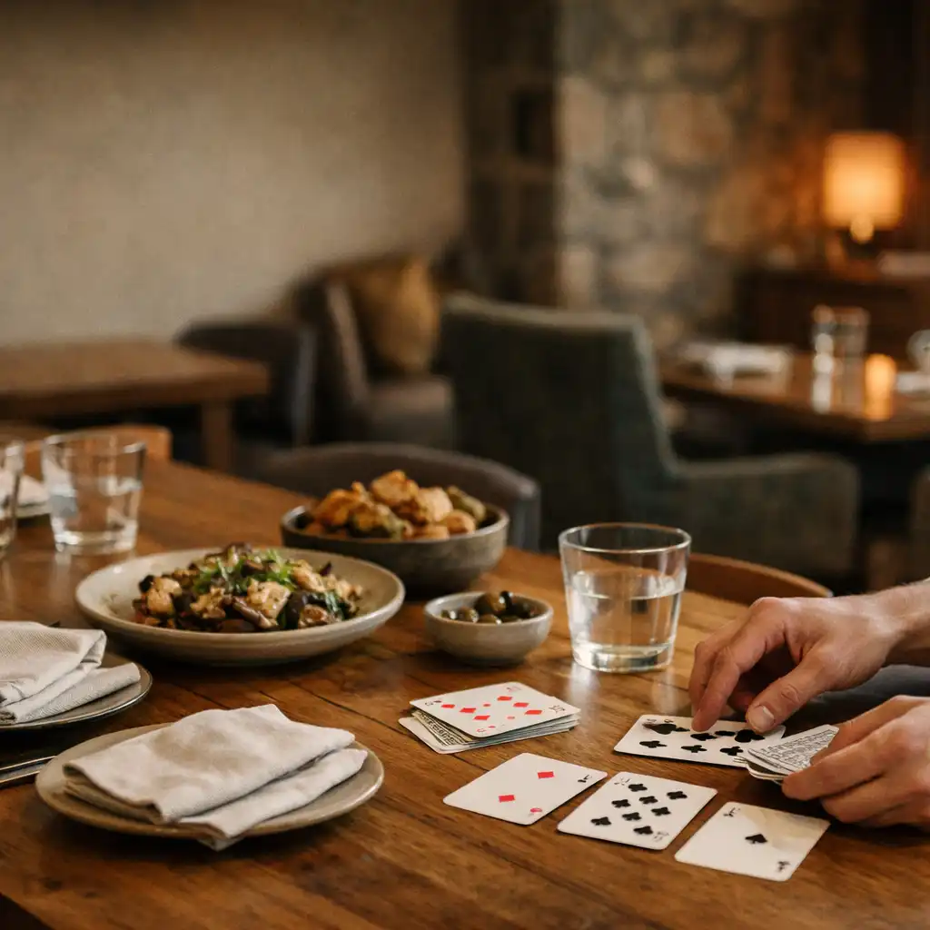 A timber dining table with shared plates, linen, water glasses and playing cards being arranged by hands