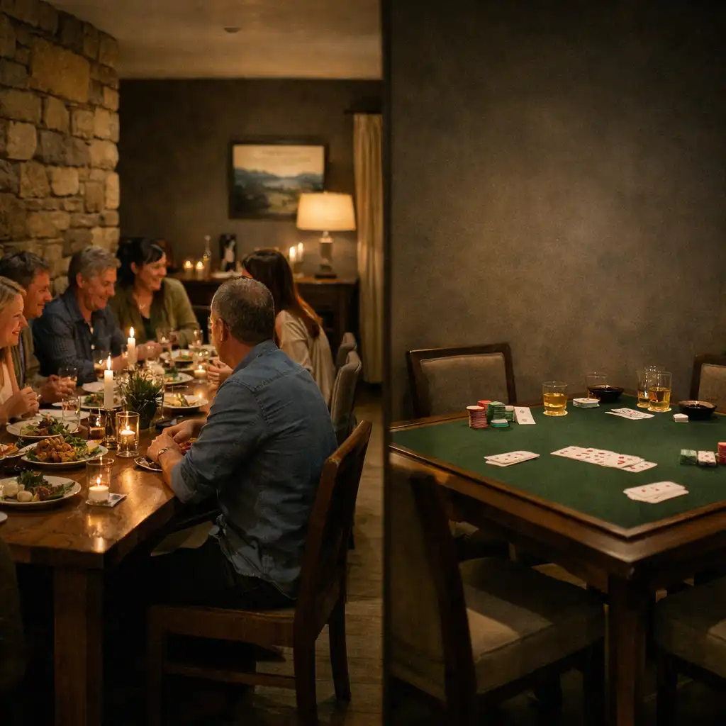 Friends sharing dinner at a long timber restaurant table with a prepared card table nearby.