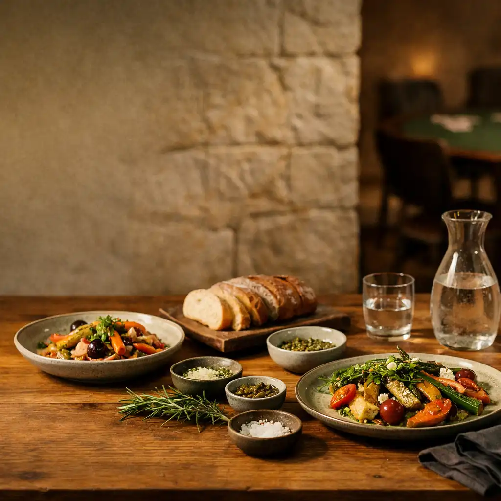 Seasonal shared plates on a timber restaurant table beside a softly lit room.