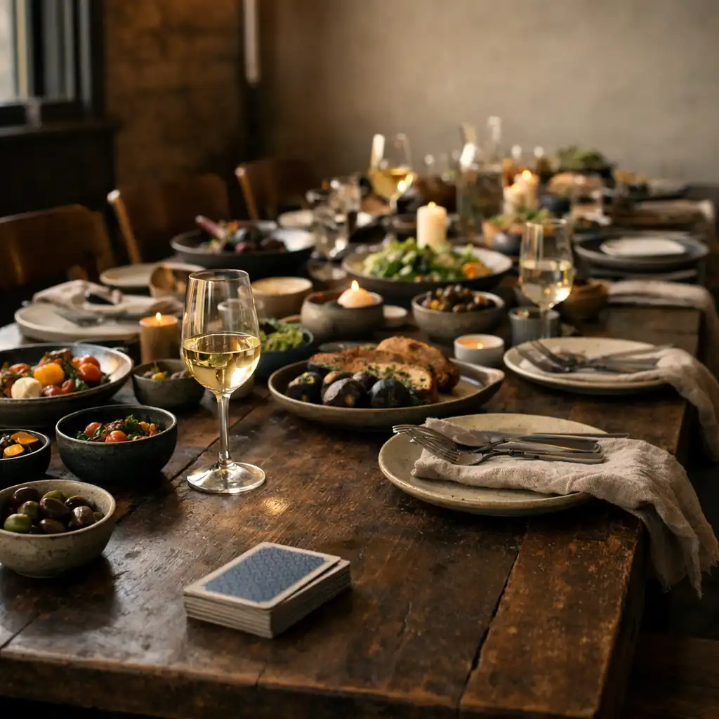 A long restaurant table set with linen, stoneware, wine and a discreet deck of cards.
