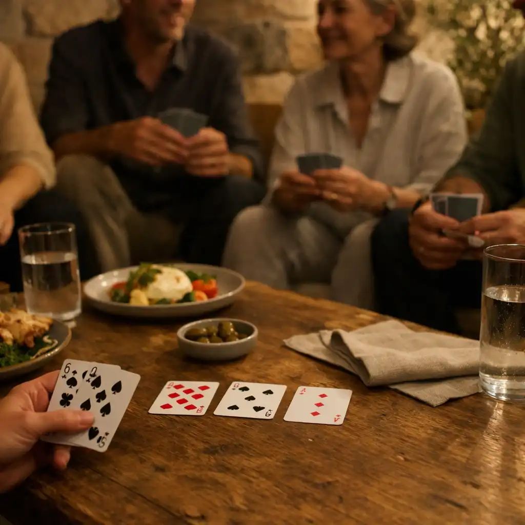 Shared seasonal plates, water glasses and cards on a low timber table in a softly lit restaurant card lounge.