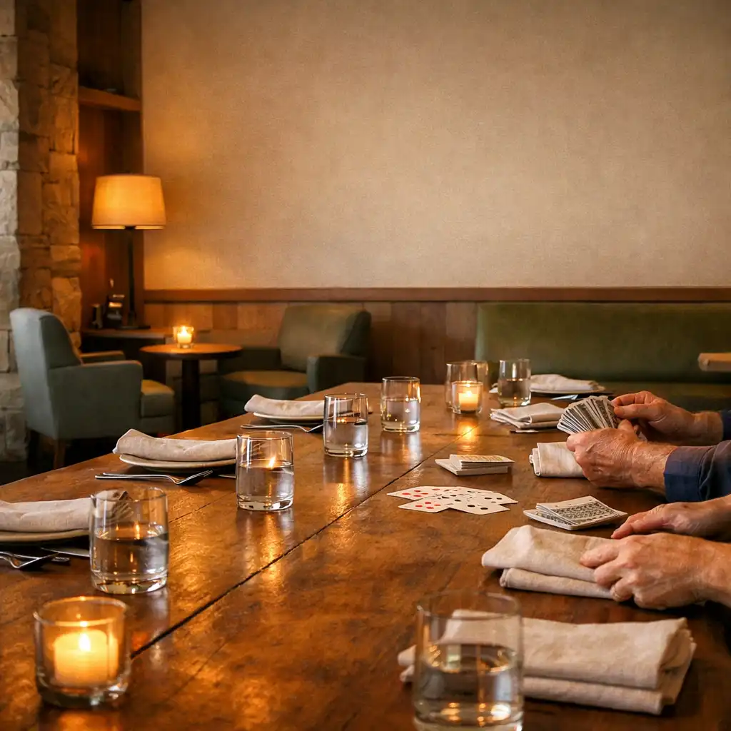A long timber communal table prepared for an early evening meal beside a quiet card lounge.