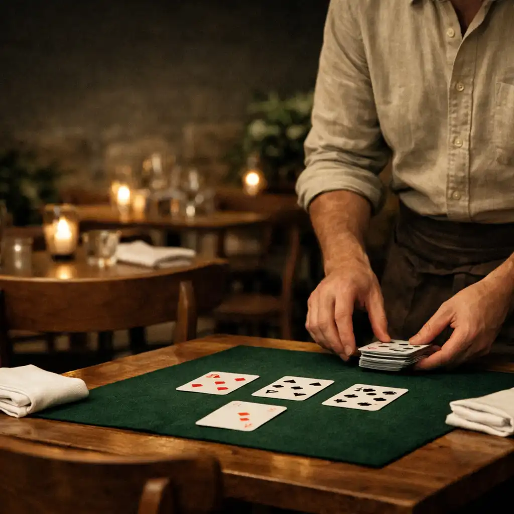 A host's hands preparing a timber card table with folded napkins in a softly lit dining room.