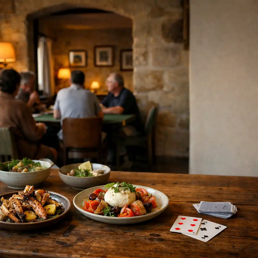 Shared plates on a timber table with a calm card-room opening beyond the dining room.